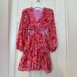 Jessica Simpson Pink and Red Floral Keyhole waist Sheer Long Sleeve Dress